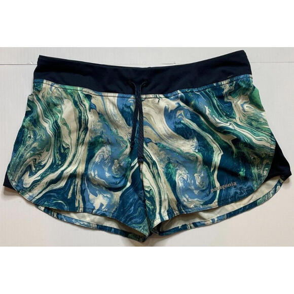 Patagonia Nine Trails Lined Blue Green Marble Pattern Running Shorts Womens S - Picture 2 of 9